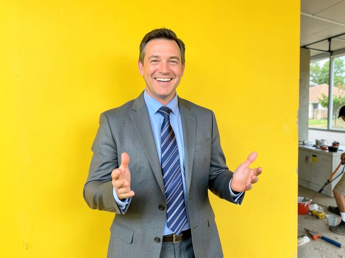 man in a gray suit, blue shirt, and striped tie stands against a vibrant yellow wall, gesturing with his hands and smiling warmly.