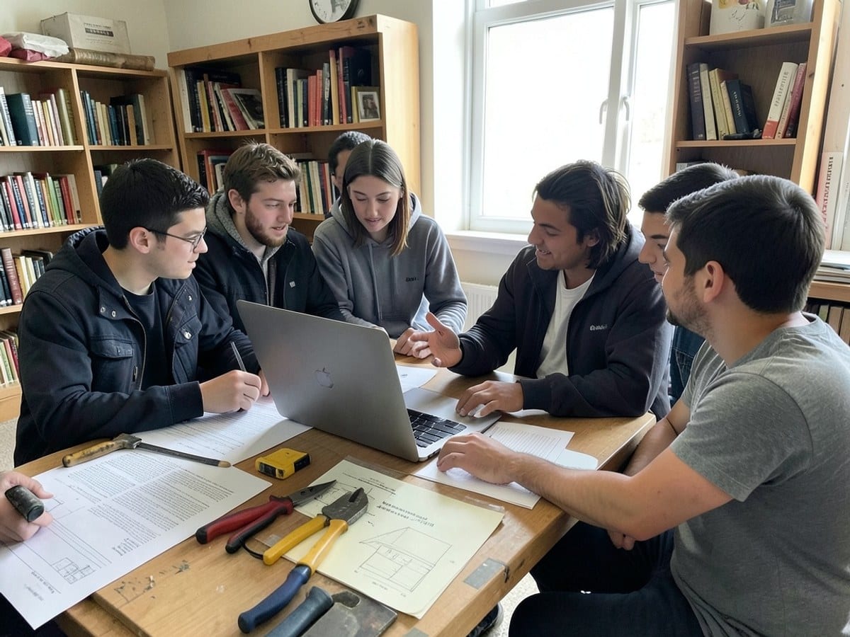Students gather around a table in a library, focused on a project on a laptop, with one student gesturing for another.
