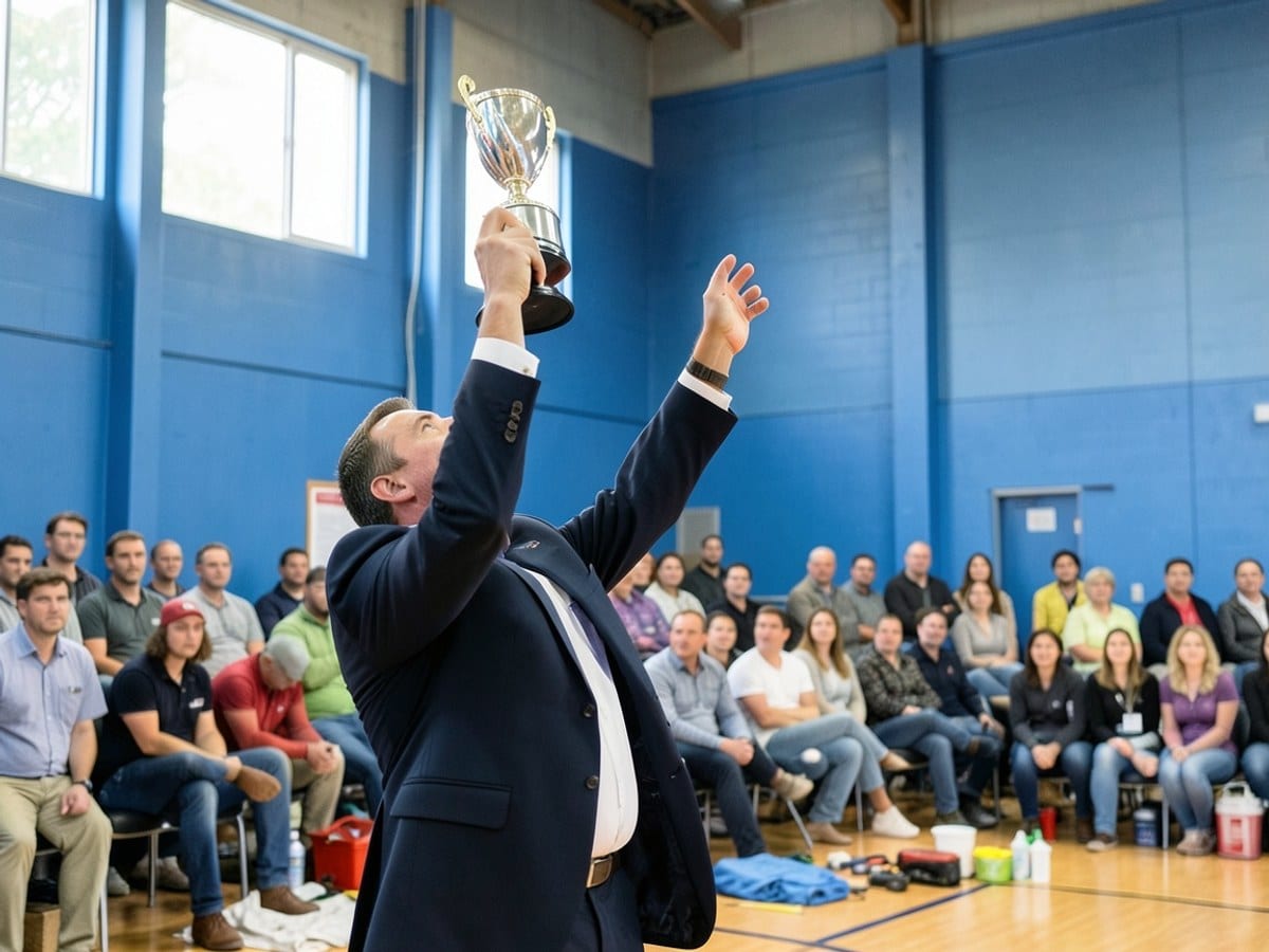 man in a suit holds a trophy aloft, gazing up at a seated crowd in a blue-walled gymnasium.