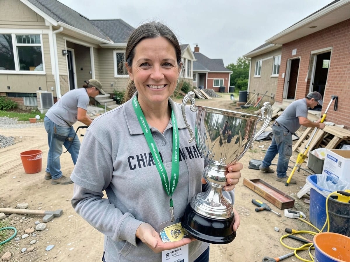 woman holds a large, silver trophy with ornate handles, celebrating her victory as the school's champion, with a green lanyard around her neck.