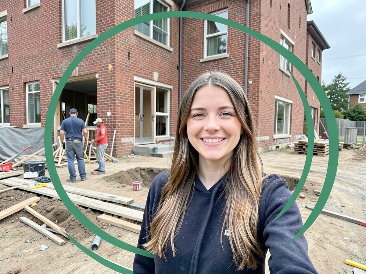 young woman smiles in front of a large brick building, with a circular green overlay adding a decorative element to the image.