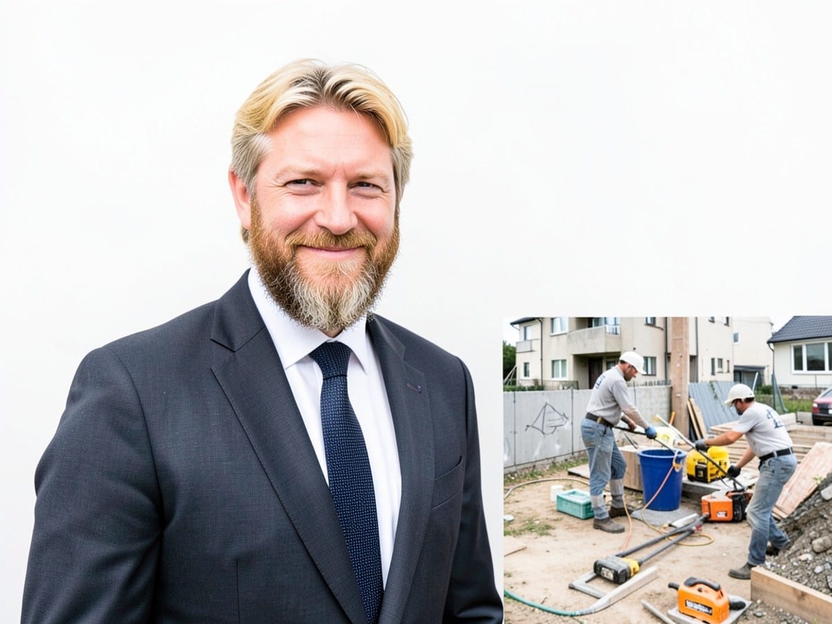 bearded man with blonde hair, dressed in a suit and tie, smiles slightly against a white background, accompanied by the client's branding.