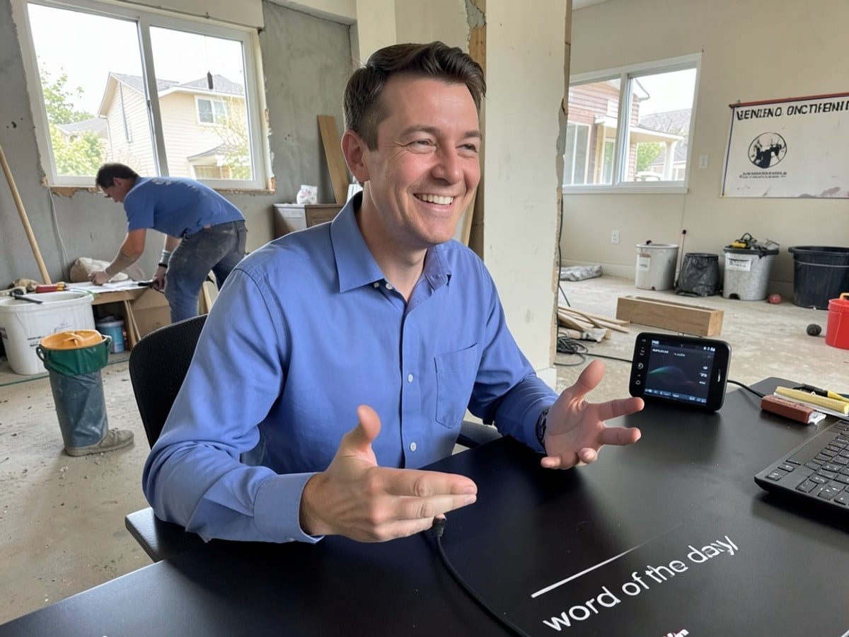 man in a blue shirt, seated at a black desk, smiles while discussing the pronunciation of "word of the day" with an audio recording in the background.