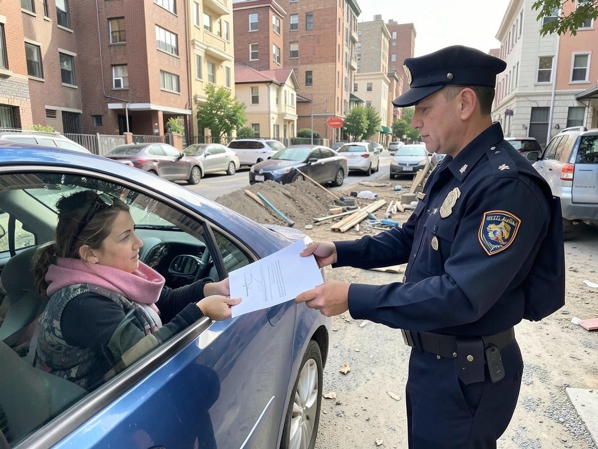 police officer hands a white paper to a woman in a blue car wearing a pink scarf, an urban scene with various vehicles and buildings.