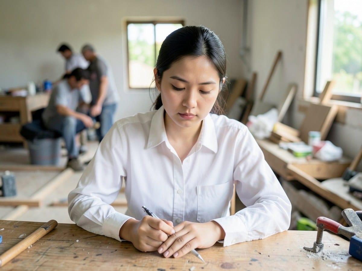 young woman in a white shirt, seated at a wooden table, contemplates with a pen in hand, amidst a blurred background of everyday life.