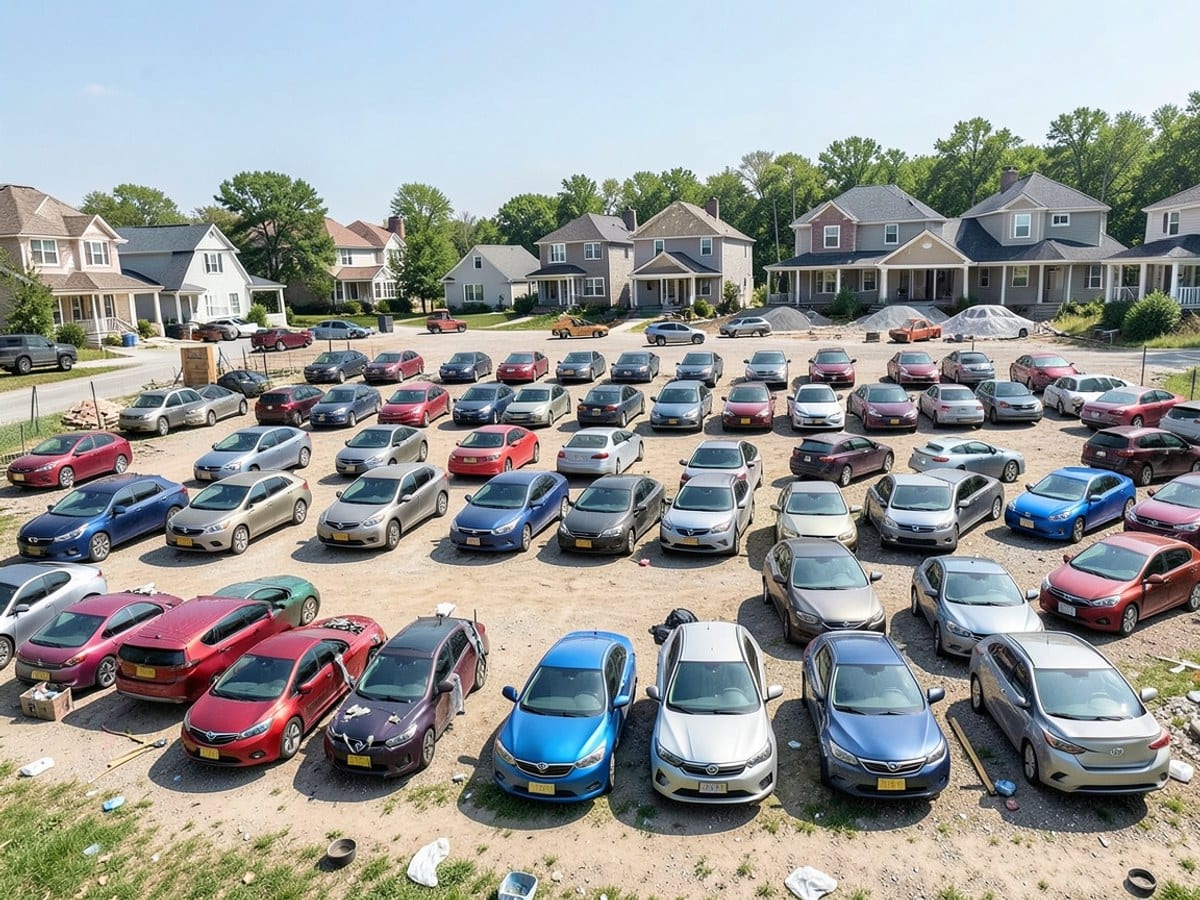 grid of 40 cars in various colors and models is parked in an orderly fashion on a sunny day.