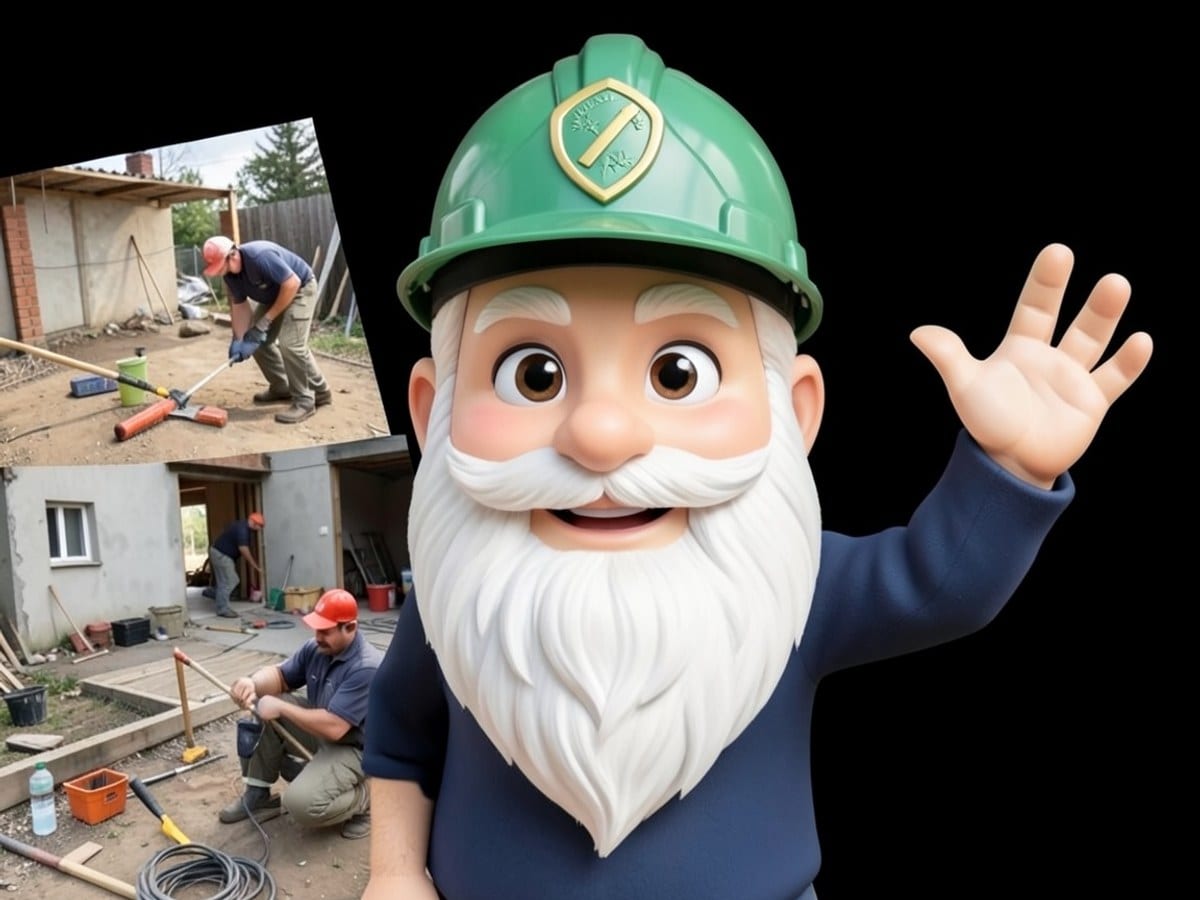 friendly cartoon character with a white beard, green helmet, and medal waves against a black background.