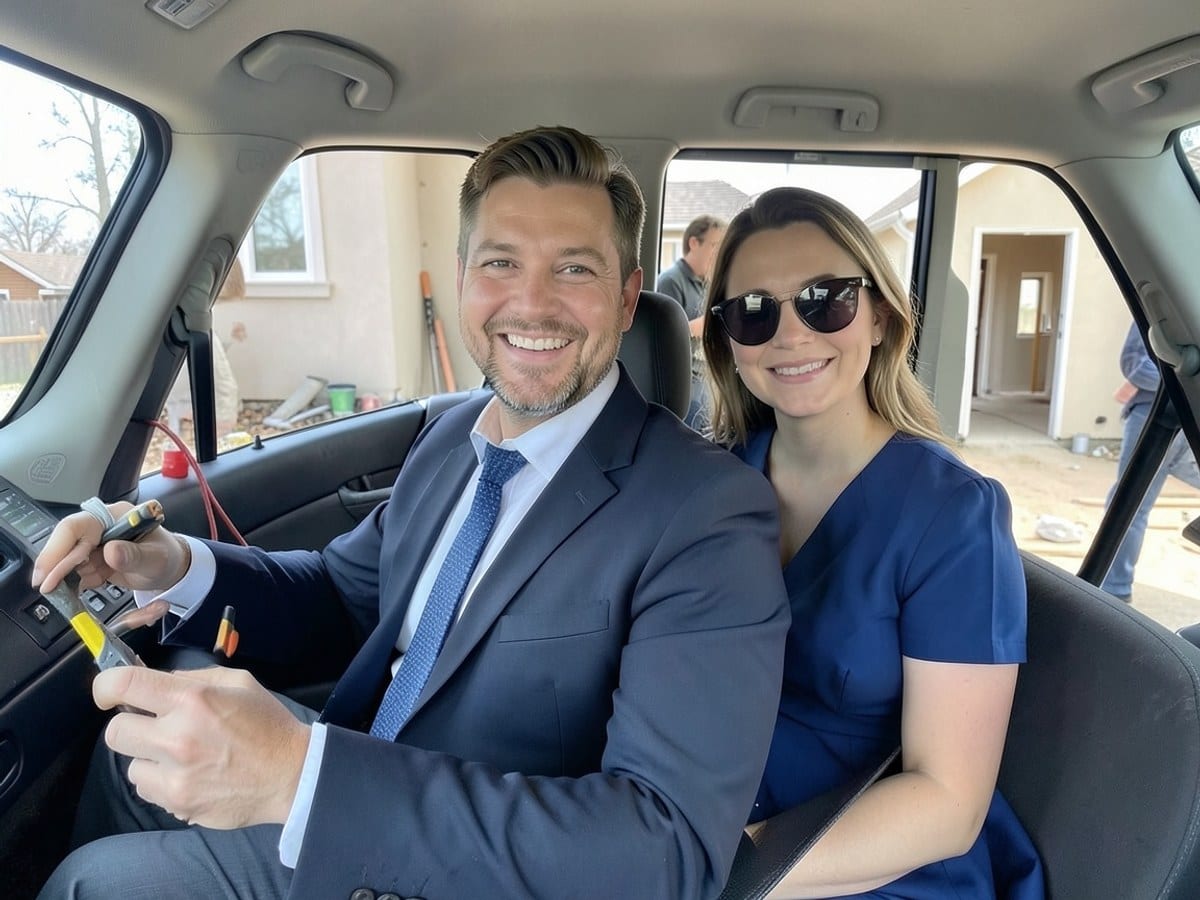 stylishly dressed man smiles at the camera while driving, with a woman in a blue dress and sunglasses seated behind him, sharing the journey together.