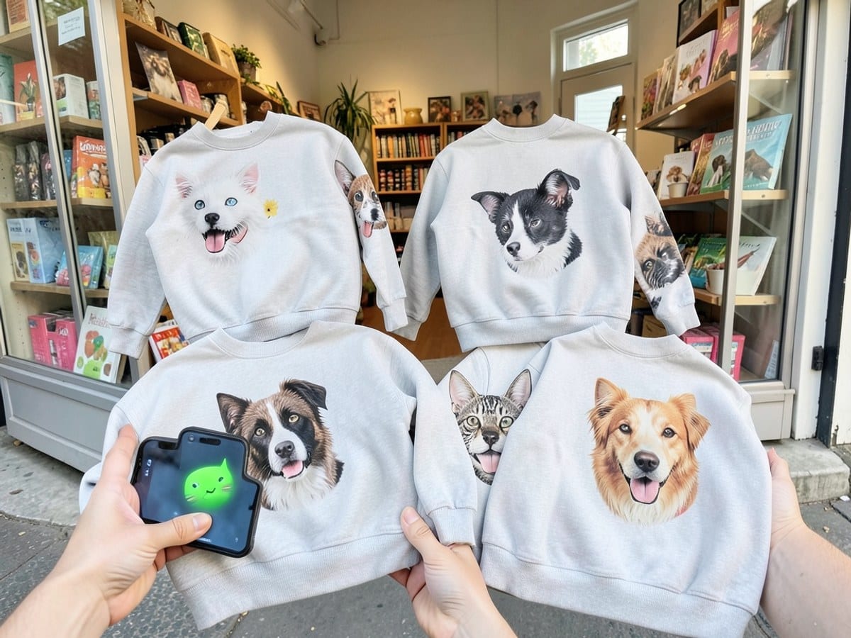 Seven sweatshirts with unique dog and cat faces are arranged in two rows, accompanied by a smartphone displaying a green cat face.