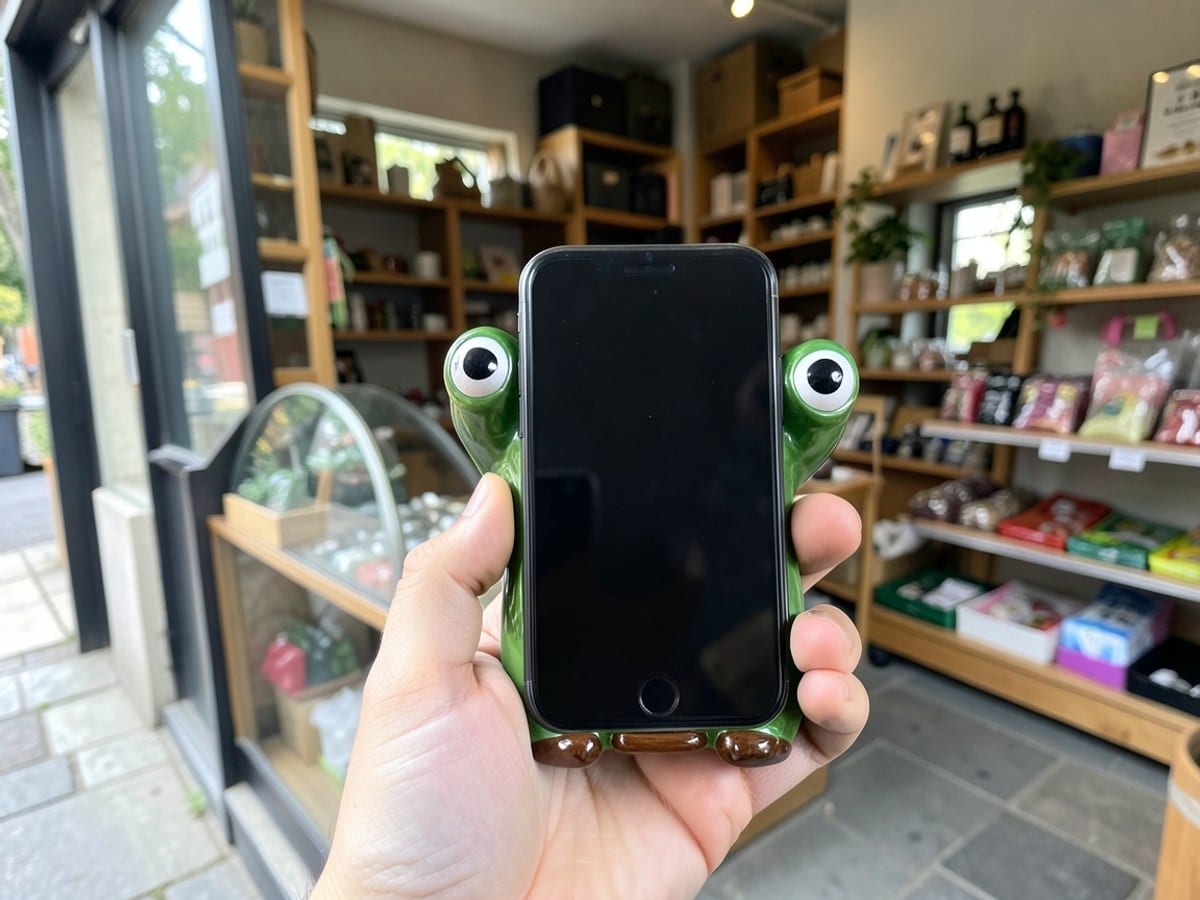 green ceramic frog phone holder, adorned with brown accents, holds a black smartphone with white eyes and a black screen.