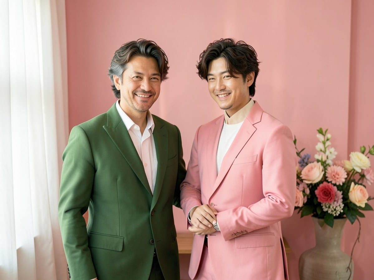 Two men in green and pink suits pose in a with a pink wall, white curtains, and floral arrangements