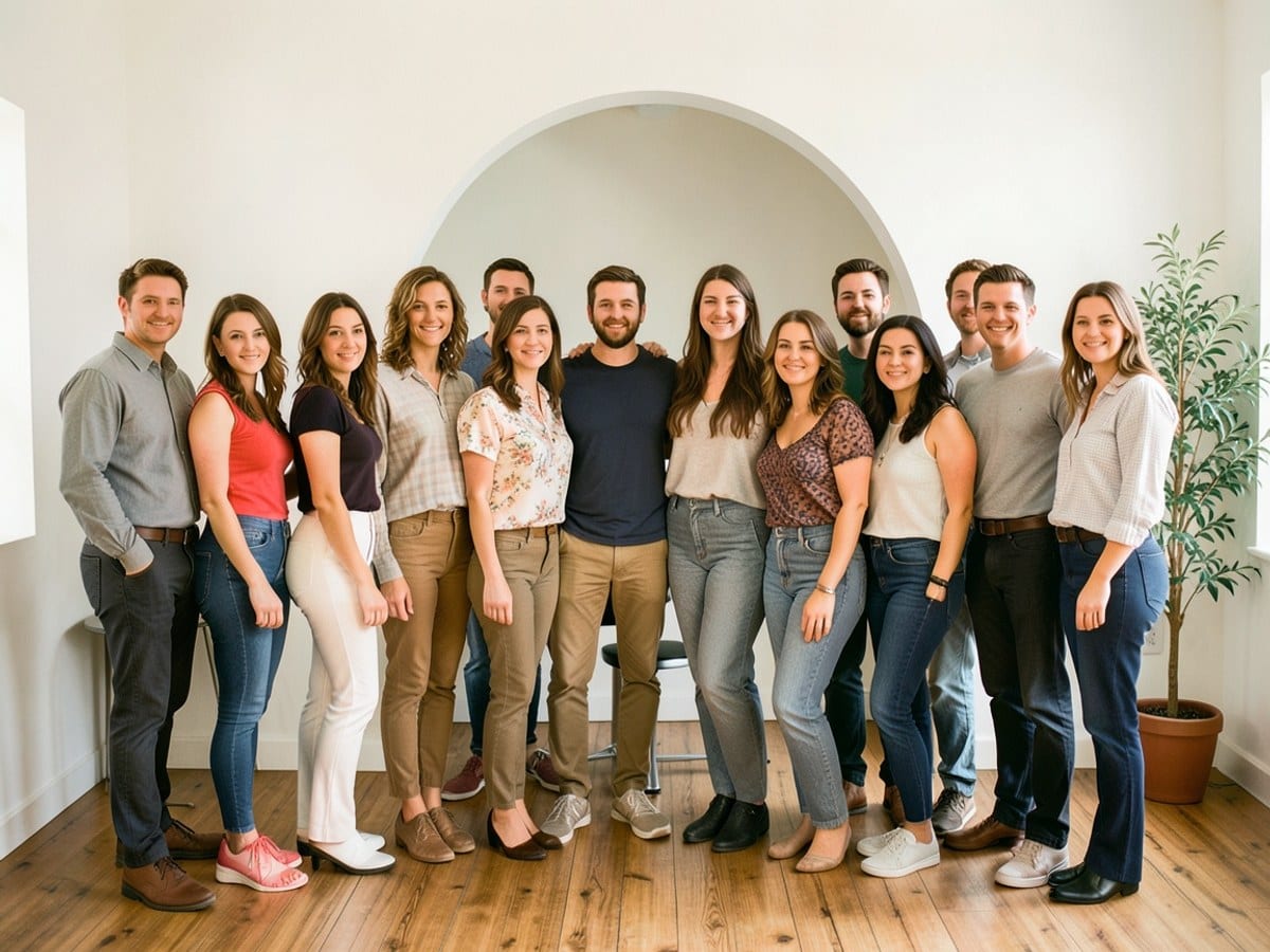 group of 16 individuals, dressed in casual and semi-formal attire, pose in a white-walled room with a wooden floor, archway, and plant
