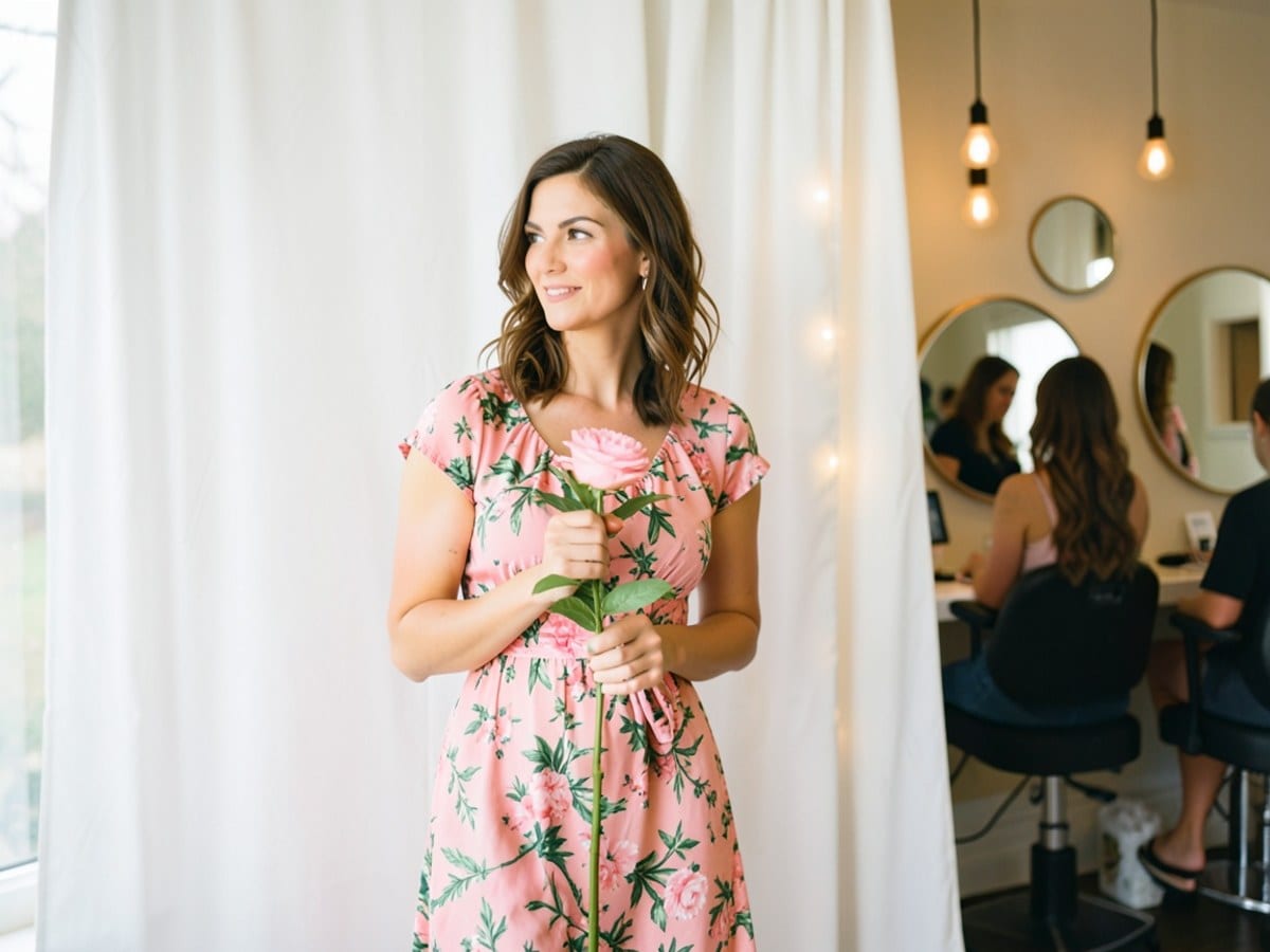 woman in a pink and green floral dress stands against a white curtain, holding a pink flower, with round mirrors and hanging lights in the background