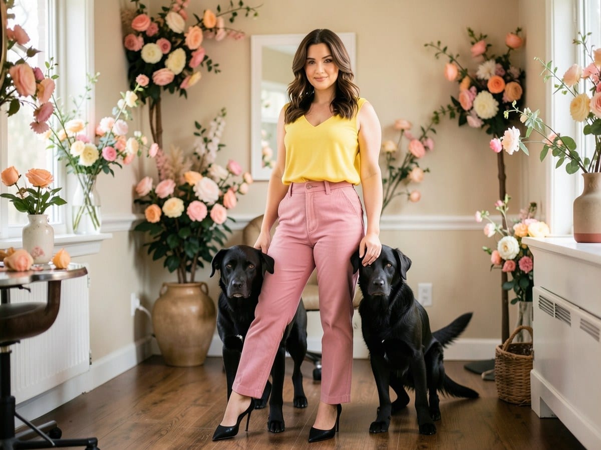 woman in a yellow top, pink pants, and black heels stands confidently in a floral-filled room, accompanied by a black dog
