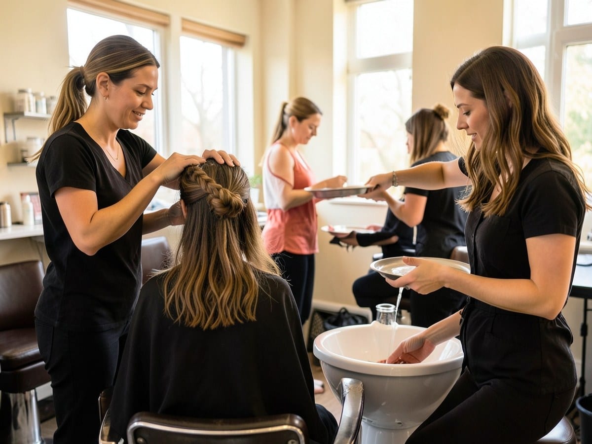 At a Redken salon, a woman washes a person's hair while another woman holds a tray, with a third woman seated in a basin, ready to provide service