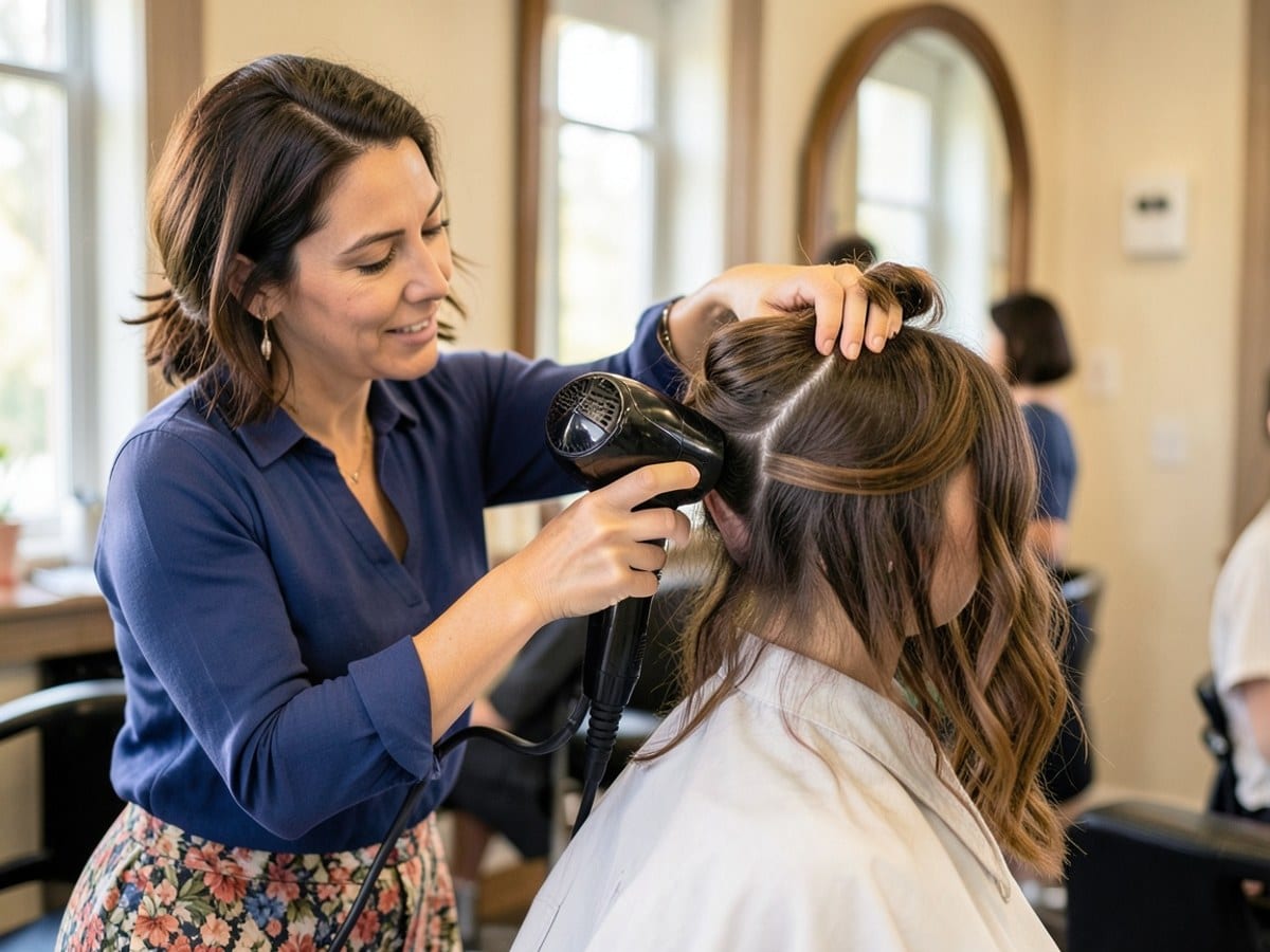 woman in a blue top and floral skirt styles another person's hair in a salon, using a hairdryer and shaping the hair with her fingers