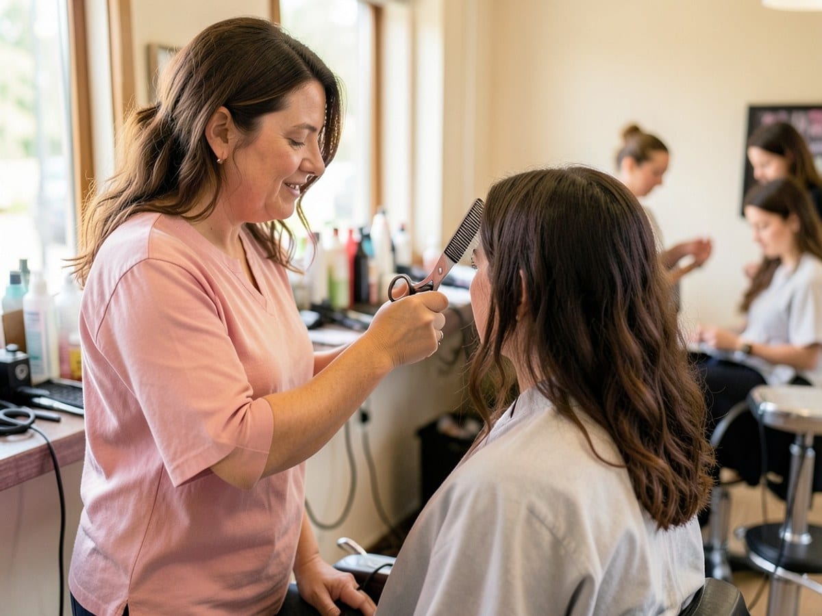 hairdresser in pink serves a customer in a salon, using a comb and scissors while surrounded by hair products and equipment