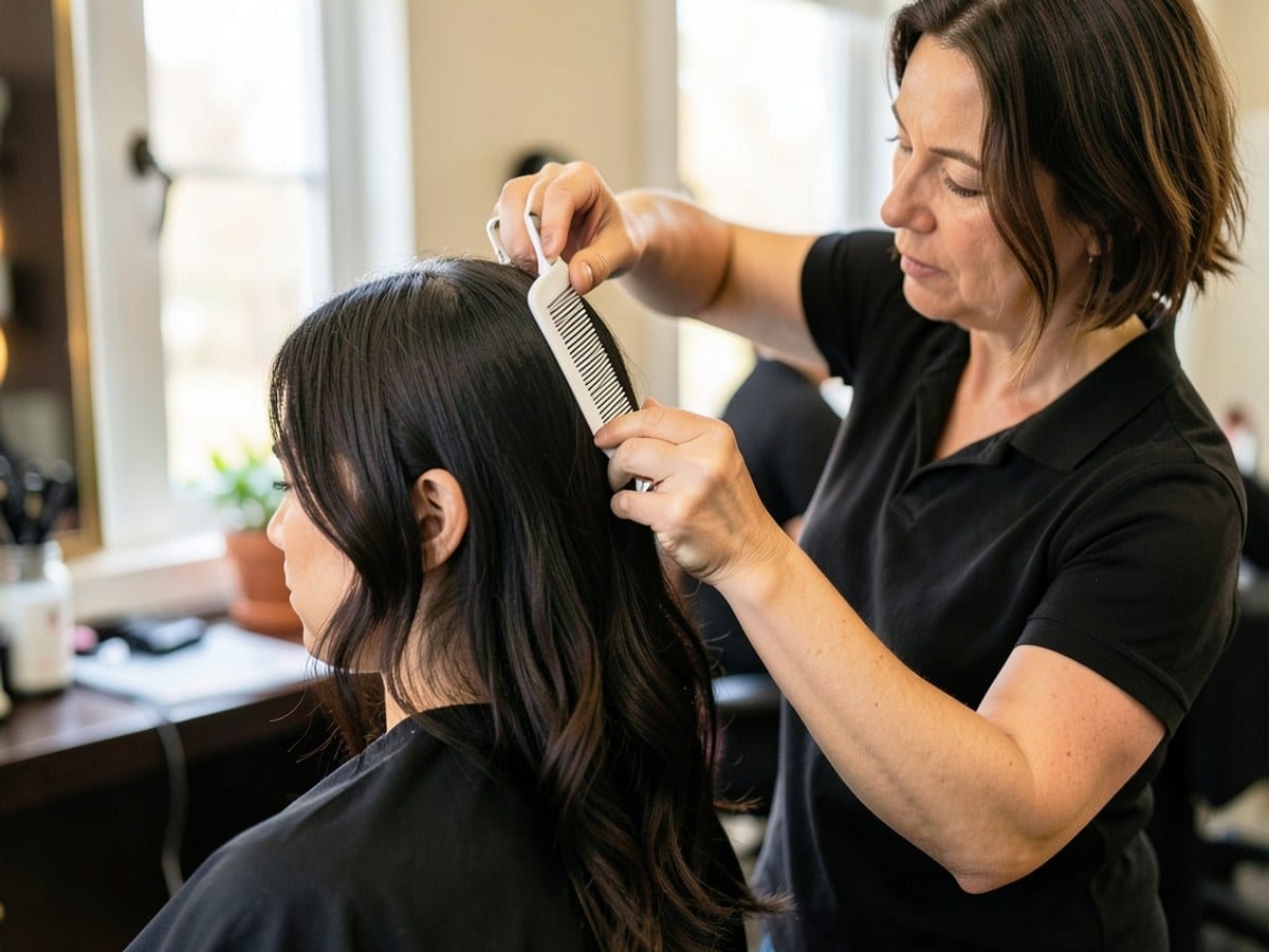 hairdresser cuts a customer's dark hair using a white comb and scissors in a professional salon