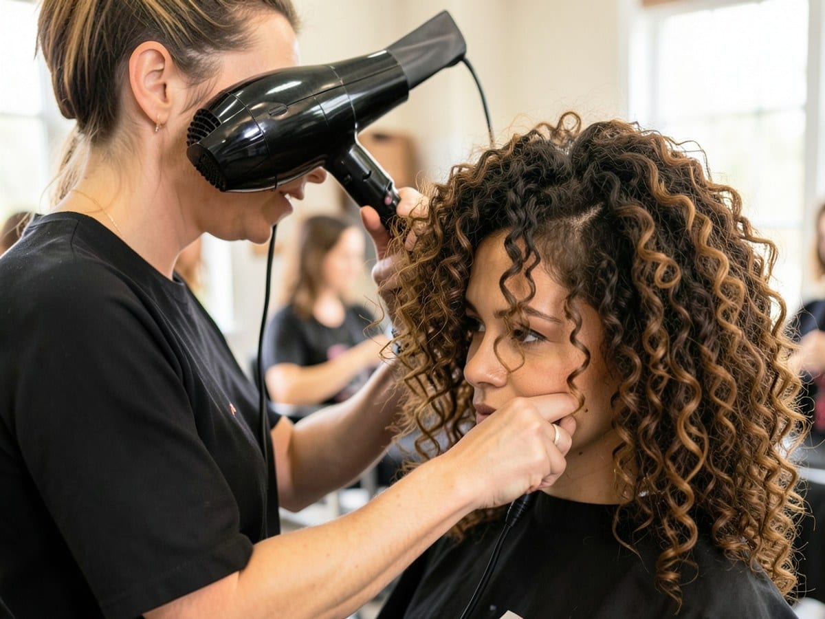 stylist uses a black hairdryer to style a client's curly hair in a salon setting
