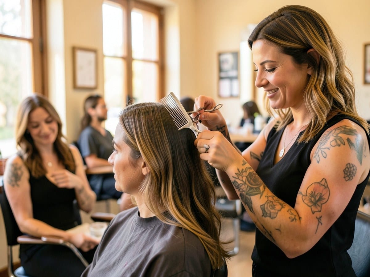 tattooed woman cuts another's hair in a salon, using a silver comb and scissors, with a warm and inviting atmosphere