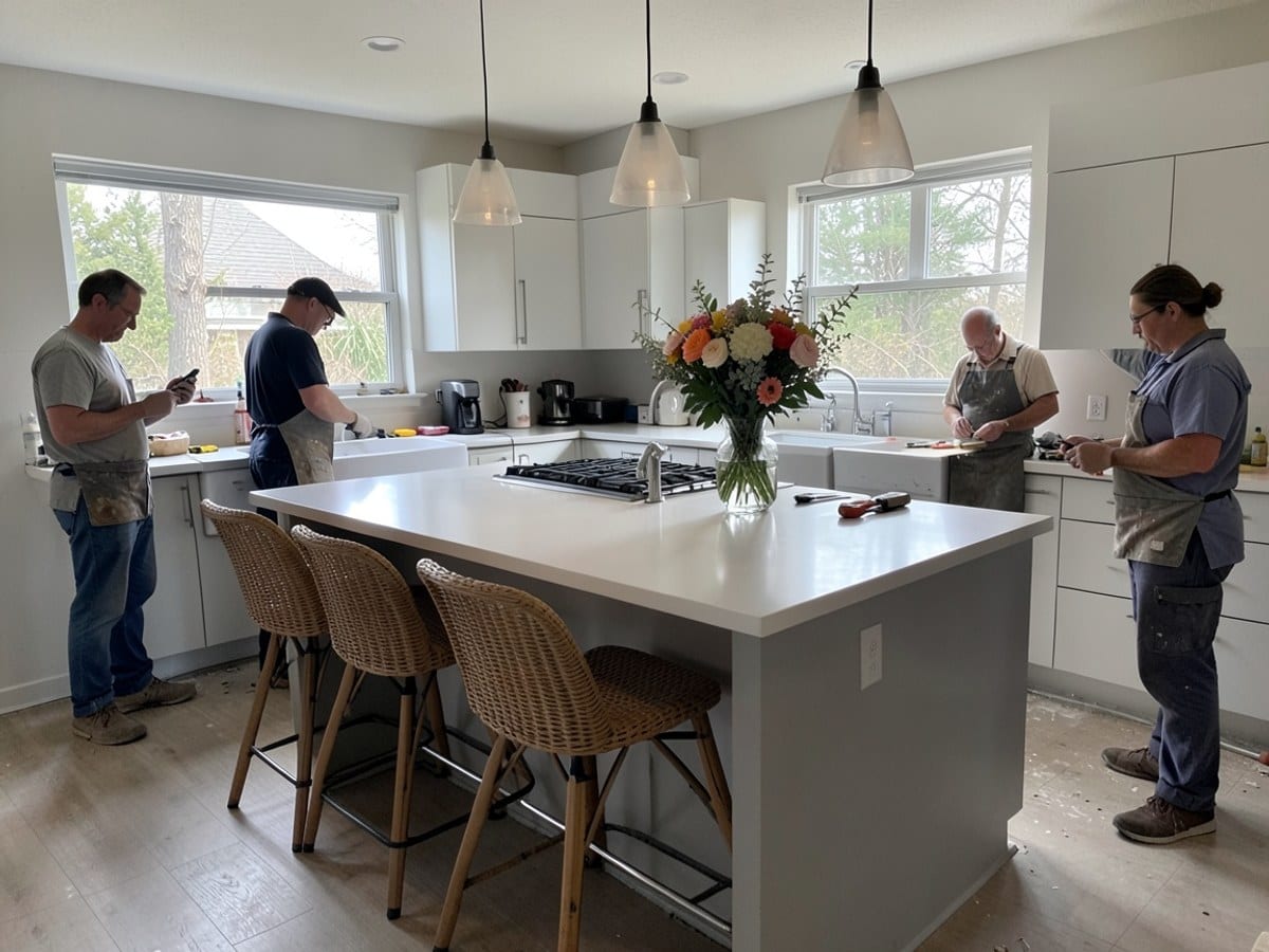 modern kitchen features a large island with a sink, cooktop, cabinets, and a vase of flowers, accompanied by three wicker barstools, two pendant lights, and a window.