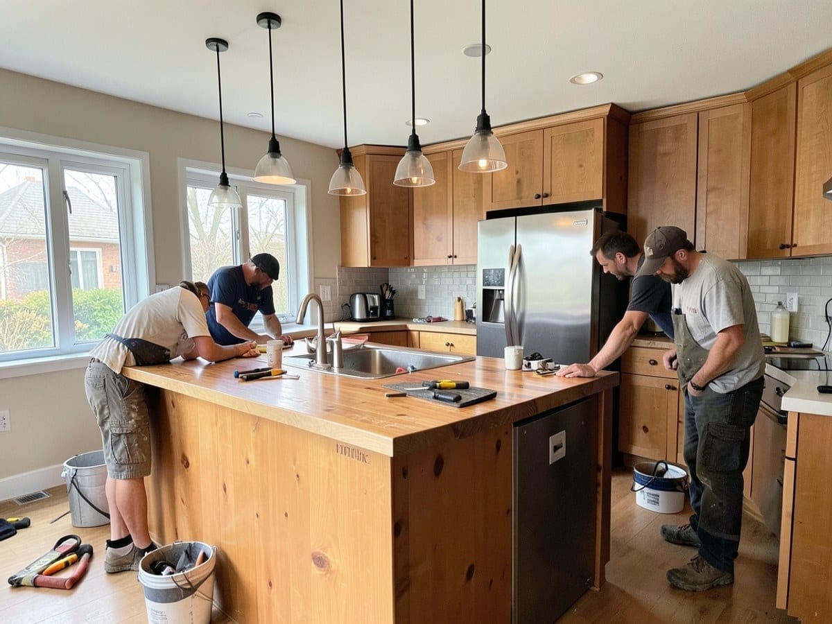 modern kitchen features a large wooden island with a sink, pendant lights, a stainless steel refrigerator, and wooden cabinets, exuding a warm and inviting ambiance.