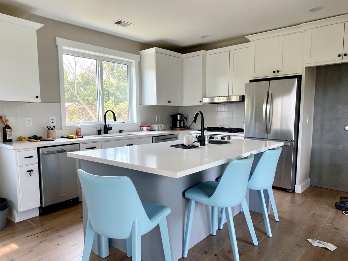 modern kitchen features a large light gray island with white countertop, black faucet, and four light blue chairs, accompanied by white cabinets, stainless steel appliances, and a window for natural