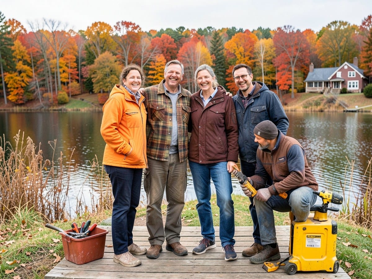 family of four, dressed in autumnal colors, stands on a wooden path near a lake, smiling and reflecting their unity amidst a picturesque landscape.