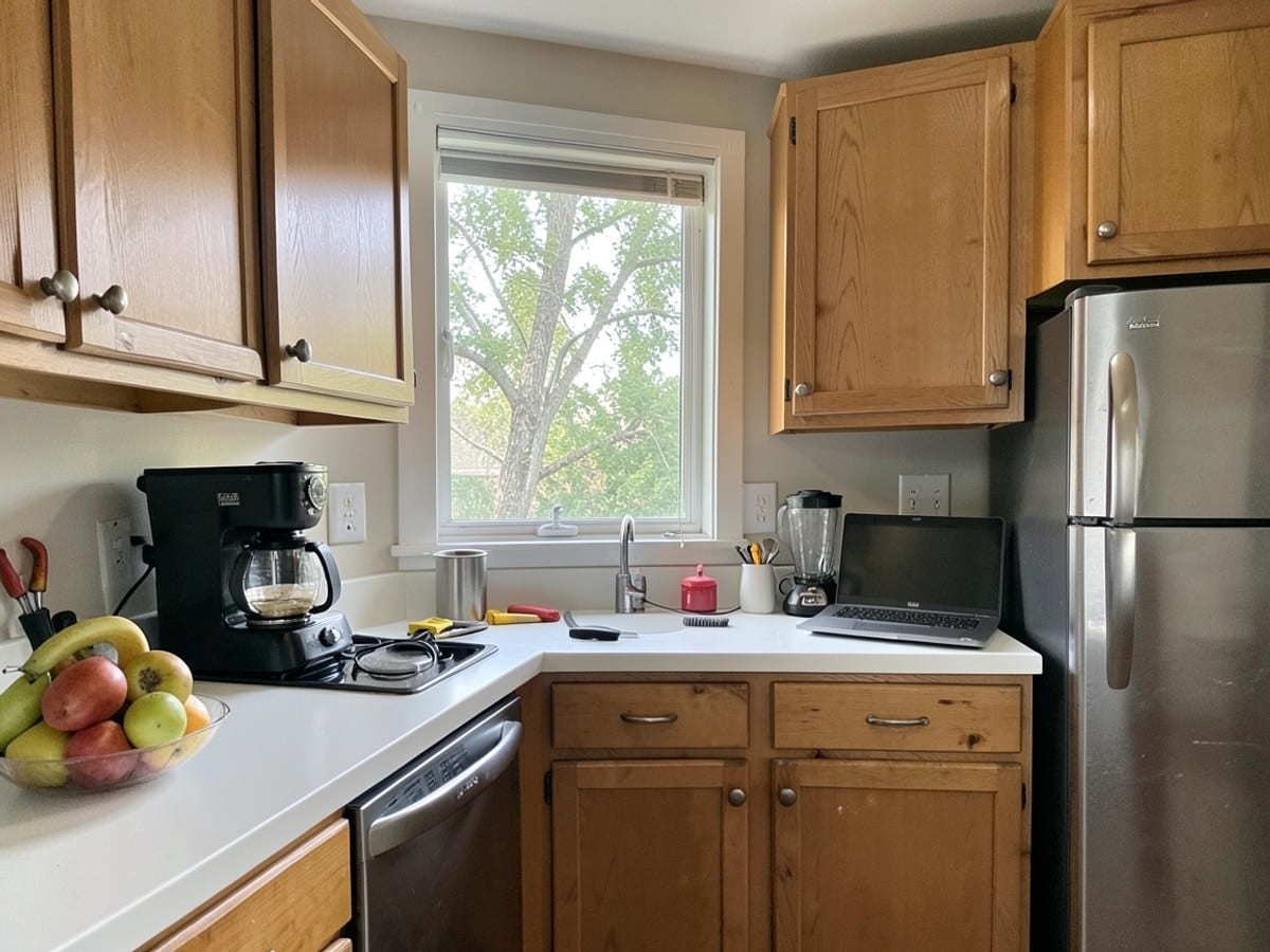 kitchen with wooden cabinets, white countertops, and stainless steel appliances features a coffee maker, blender, fruit bowl, and laptop on the counter, with a view of trees through a window.