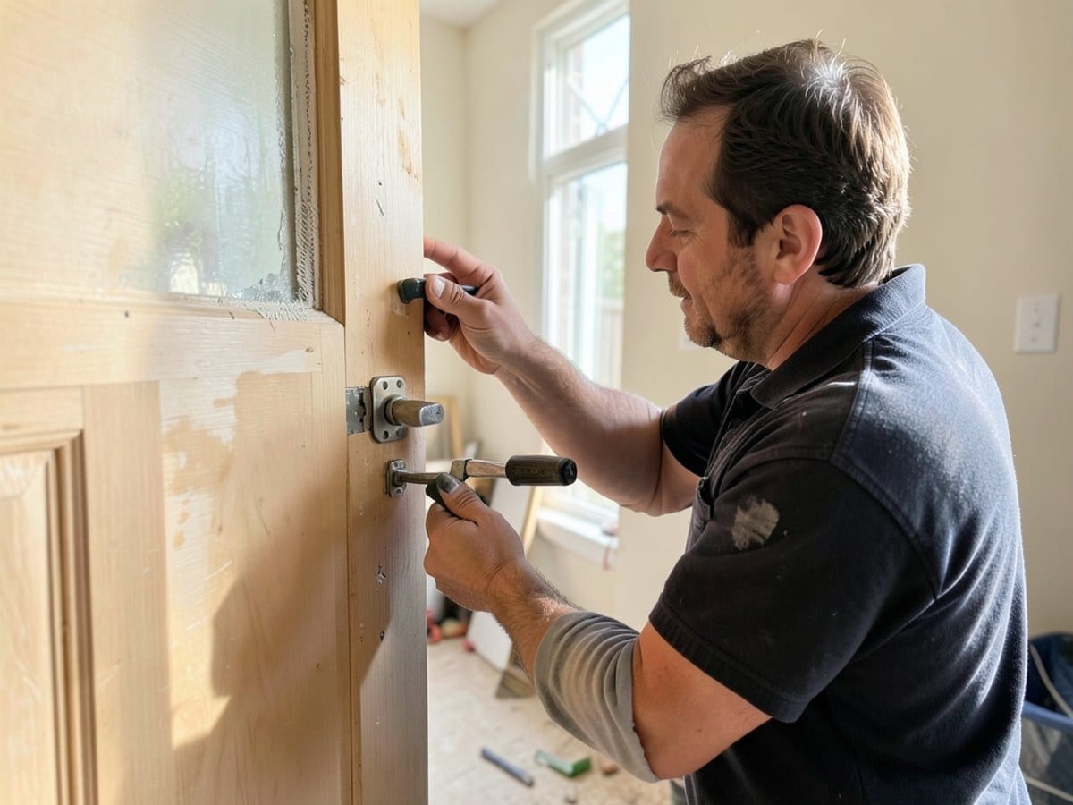 Handyman adjusting a door hinge