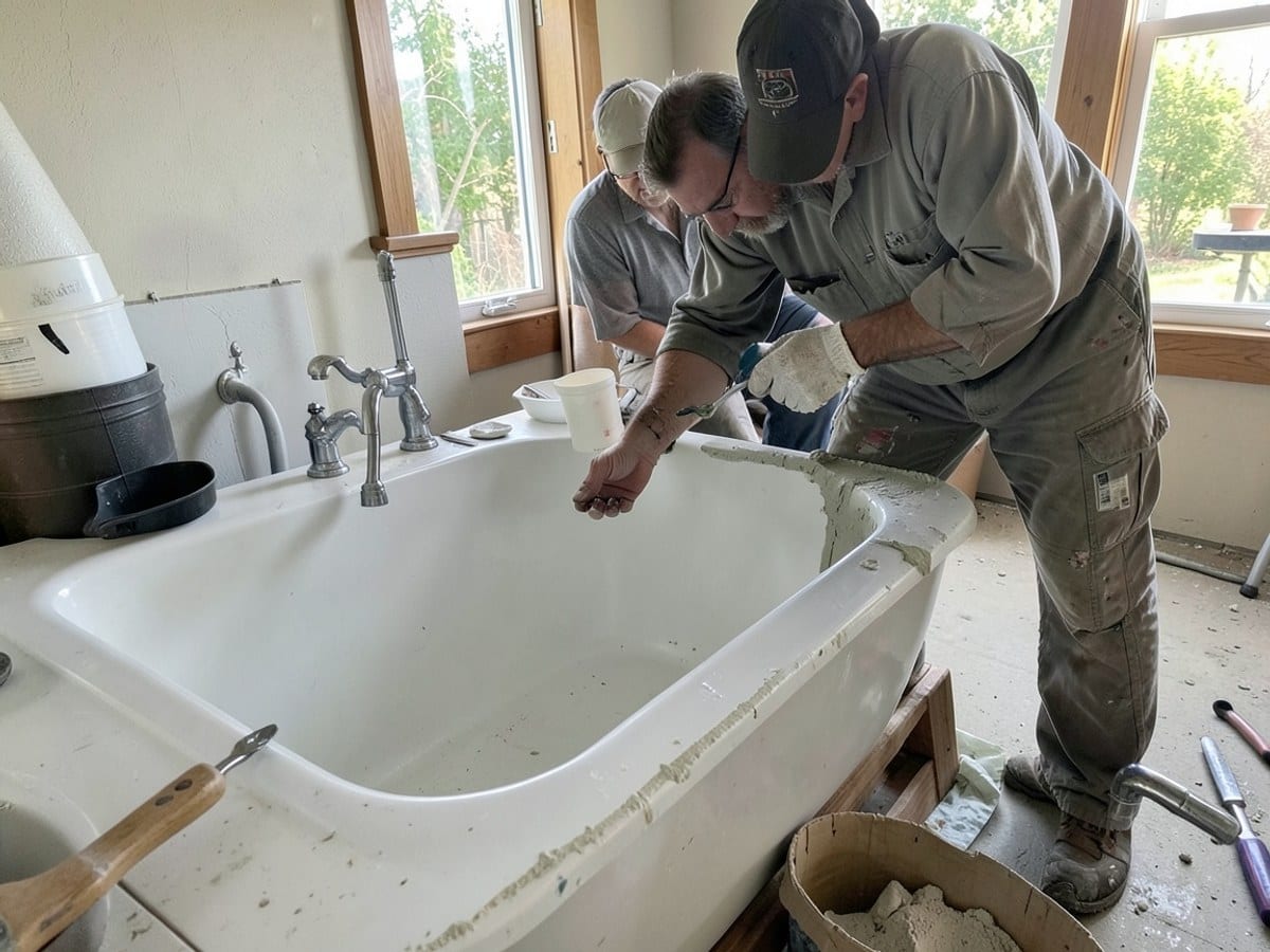 Handyman applying caulk around a tub