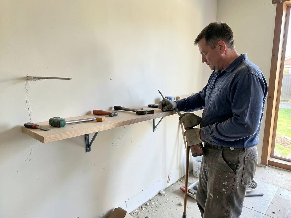 Technician installing a wall shelf