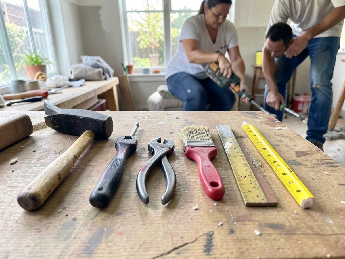 hammer, screwdriver, pliers, wrench, paintbrush, ruler, and pencil are arranged in a row, showcasing various tools.