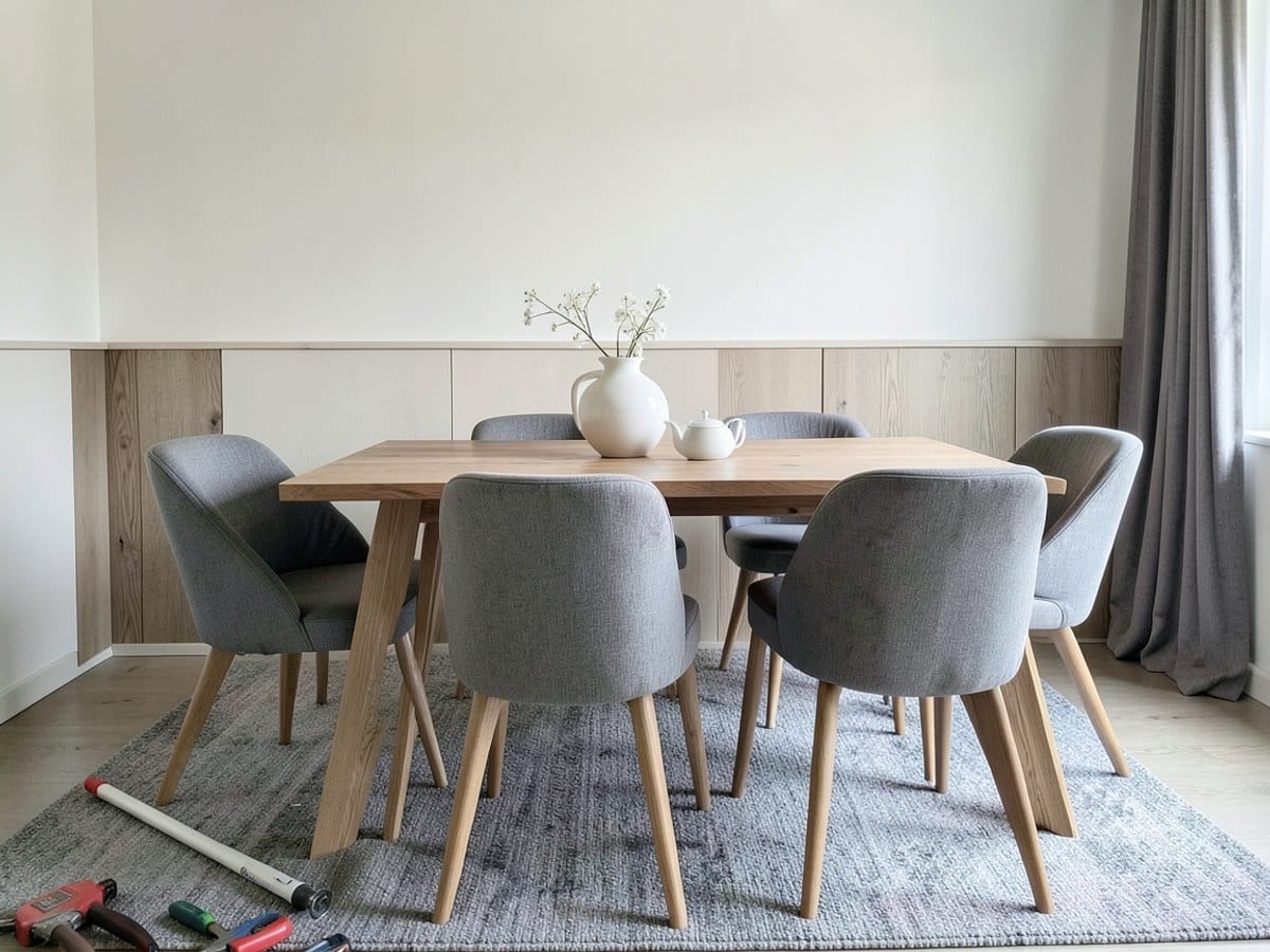 modern dining room features a wooden table with a white vase and teapot, surrounded by four gray cushioned chairs, set against a white wall with wooden paneling and a gray rug.