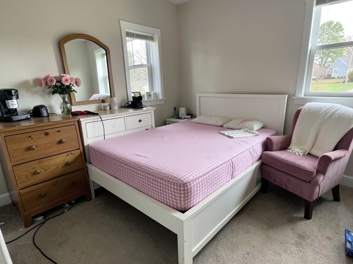 bedroom features a pink checkered mattress on a white bed frame, a wooden dresser with a mirror and pink flowers, and a pink armchair with a white throw blanket.