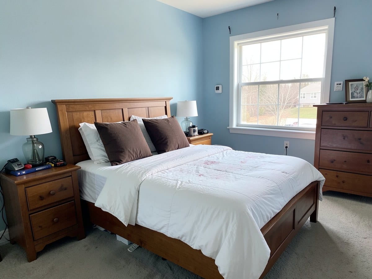 wooden bed with a white comforter and brown pillows is flanked by wooden nightstands with lamps, a wooden dresser, and a large window in a light blue bedroom.