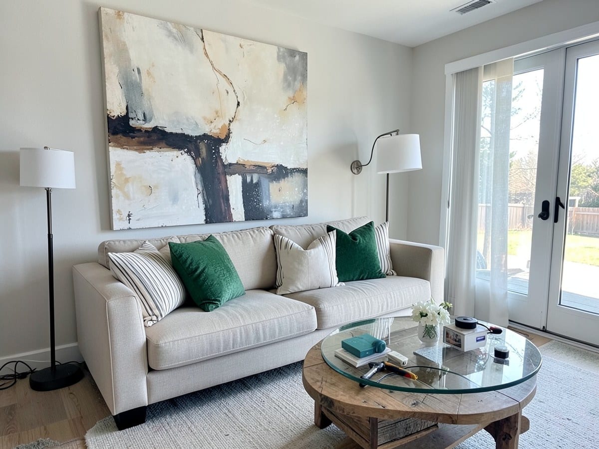 beige sofa with striped pillows, a wooden coffee table, and a floor lamp rest on a large abstract painting, accompanied by green and white accent pillows, a round glass-topped coffee table, and tall