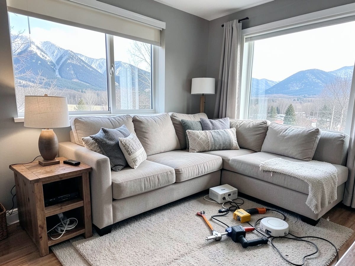 cozy living room features a beige sectional sofa with gray and white throw pillows, a wooden side table with a lamp, and a large window with a mountain view, all in a soothing gray and beige color s