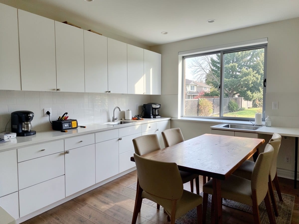 modern kitchen with white cabinets, a large window, and a dining table is featured in a 2 bed - 1.5 bath single family residence for sale in San Francisco, California.