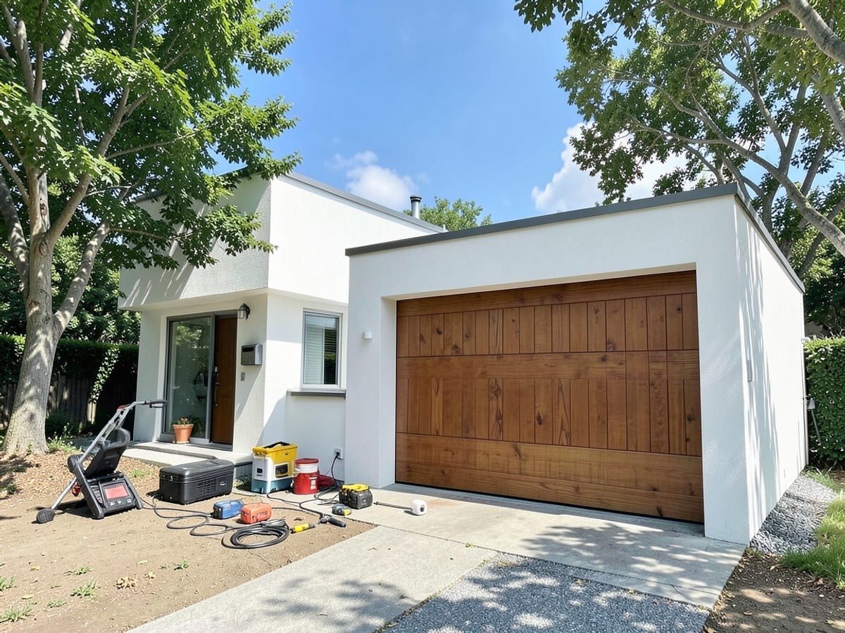modern white house with a wooden garage door is featured in a real estate listing, displayed in a virtual environment with trees and blue sky.