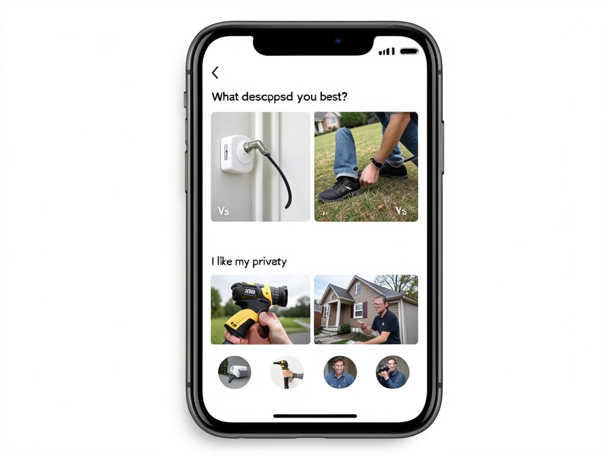 smartphone displays a Multiple Choice Question (MCQ) app, asking "What describes you best?" with options "I like my privacy" and "Vs" and corresponding image ratings.