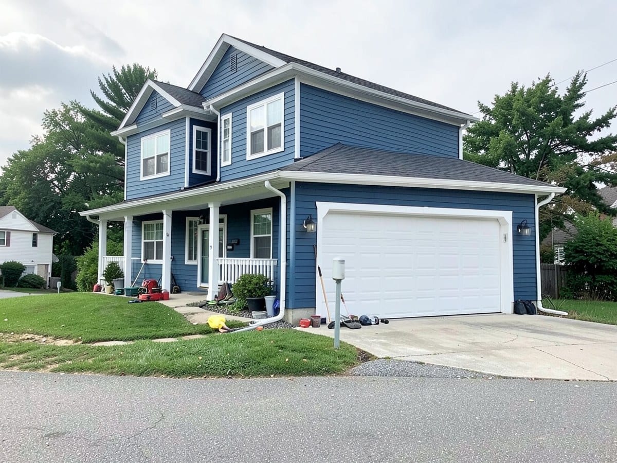 modern blue two-story house with white trim and a large white garage door is situated on a quiet suburban street, accessed via a virtual tour.
