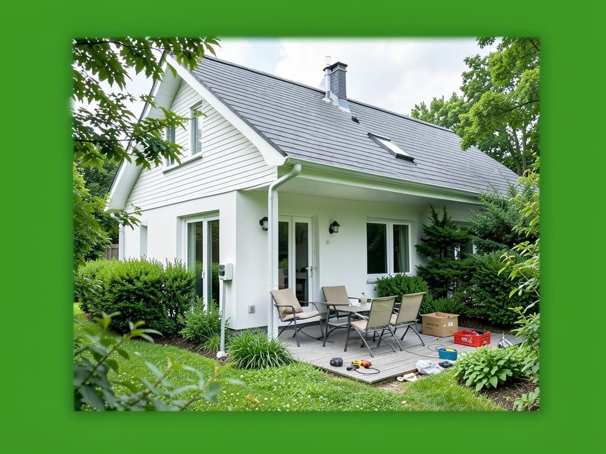 modern white house with a gray roof and patio seating is surrounded by lush greenery and framed by a blurred green border.