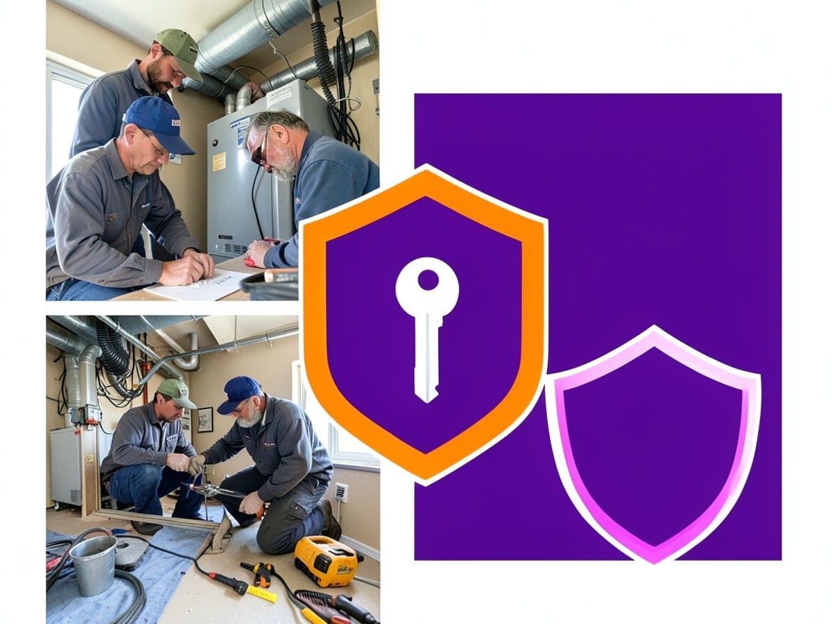 purple shield with an orange border and a white key inside is centered on a white background, accompanied by a large purple rectangle and a smaller purple shield