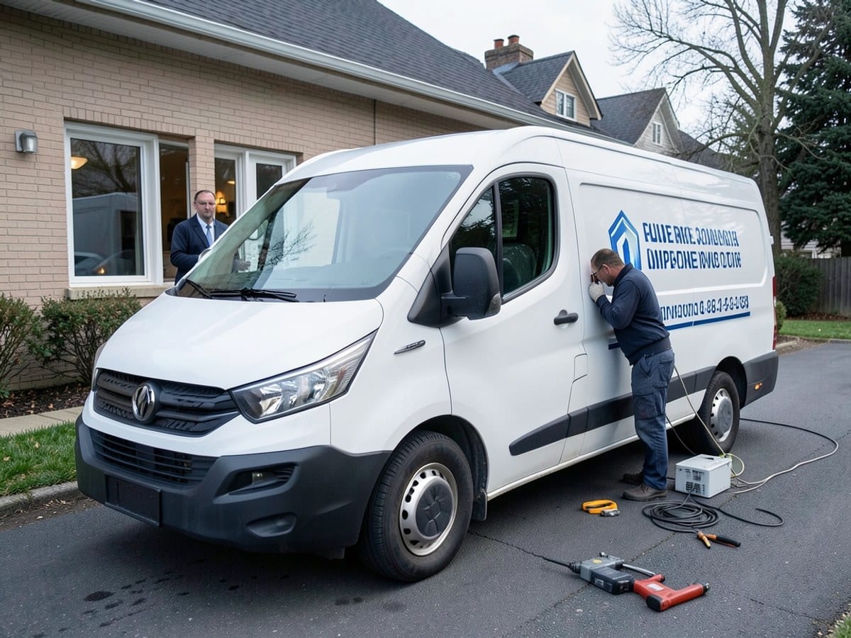 white the business van, equipped with air conditioning and heating, parks in front of a house on a quiet, cool day, with the company's website and contact number displayed