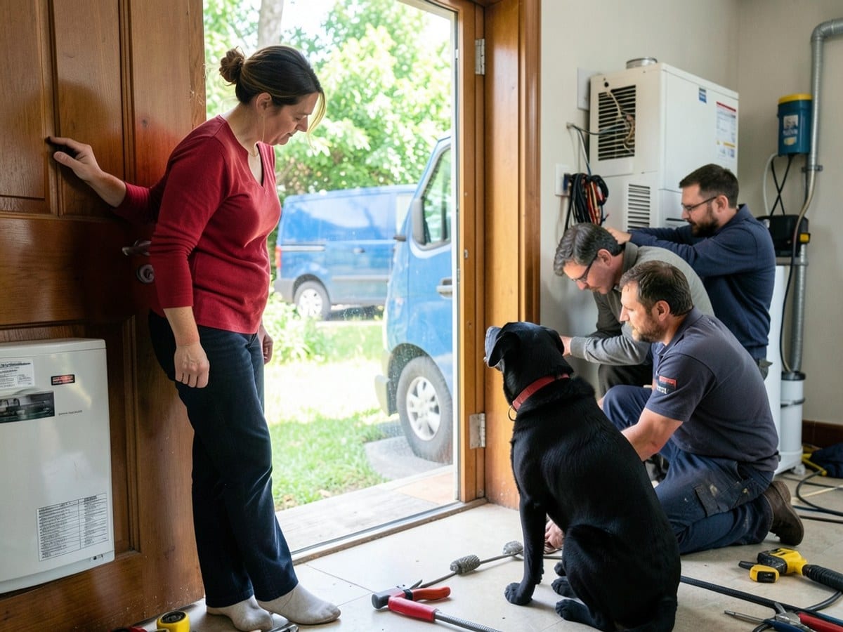 woman in red leans against a wooden door, observing a black dog in a red collar, with a blue van and greenery visible through the glass