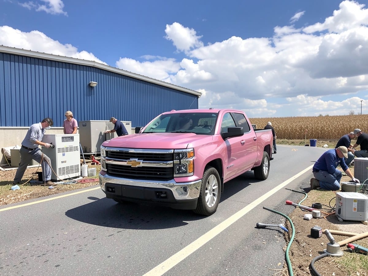 pink Chevrolet Silverado truck travels on a two-lane highway, passing a blue warehouse and brown field, with a blue sky and white clouds overhead