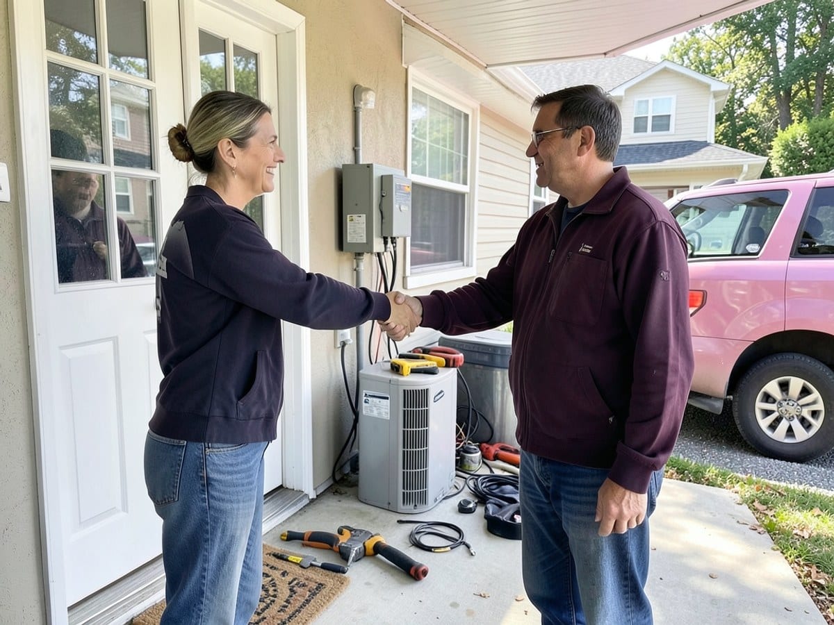 Two people exchange a friendly handshake on a porch, with a white door and window, a pink truck, and a house in the background