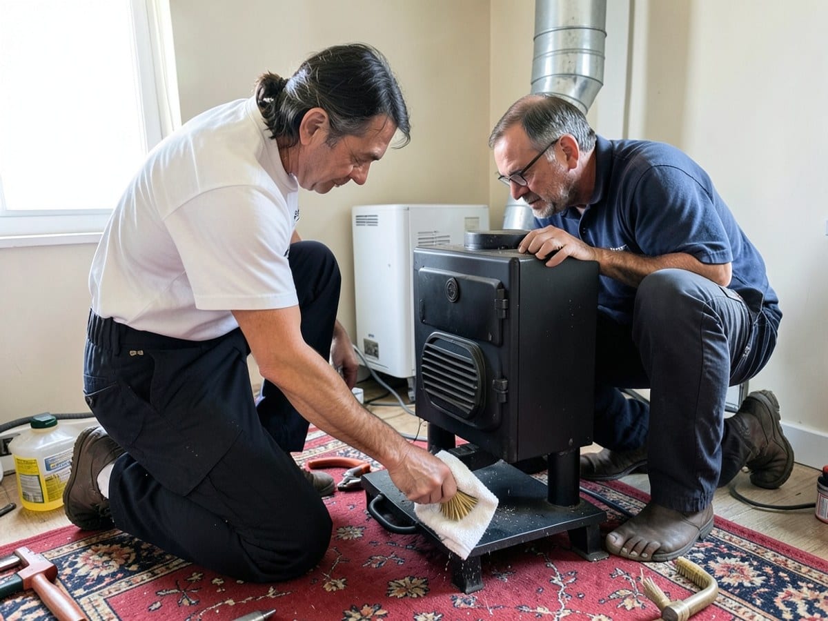 man in white and black cleans a black metal furnace, using a brush and towel, on a red rug with a silver metal duct in the background