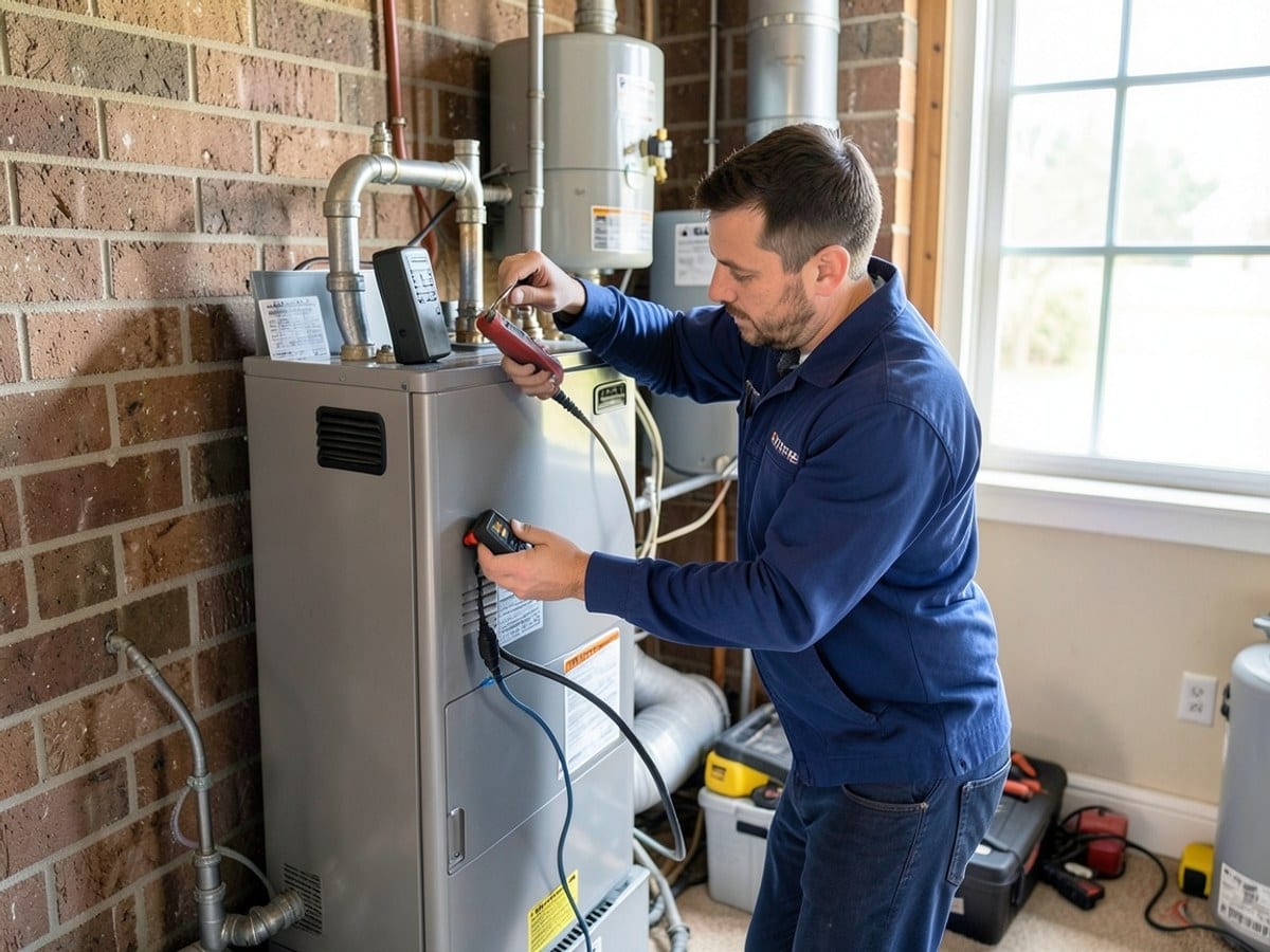 Carrier technician in blue uniform checks a furnace's functionality with a multimeter, leaning against a silver furnace against a brick wall